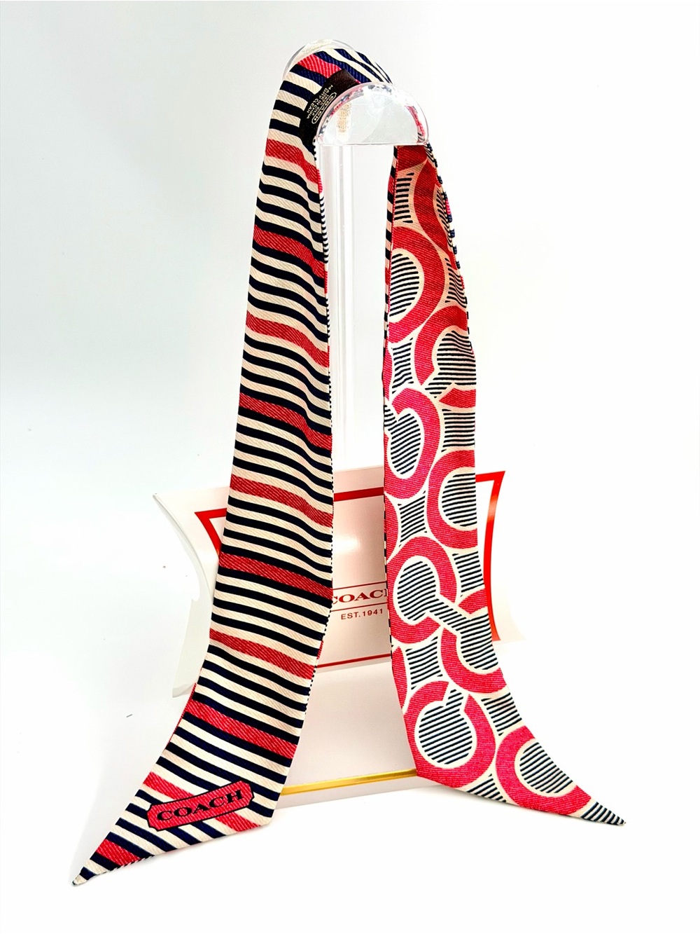 Coach Silk Skinny Scarf - Pink, Navy, & White/Cream Stripe / Signature C